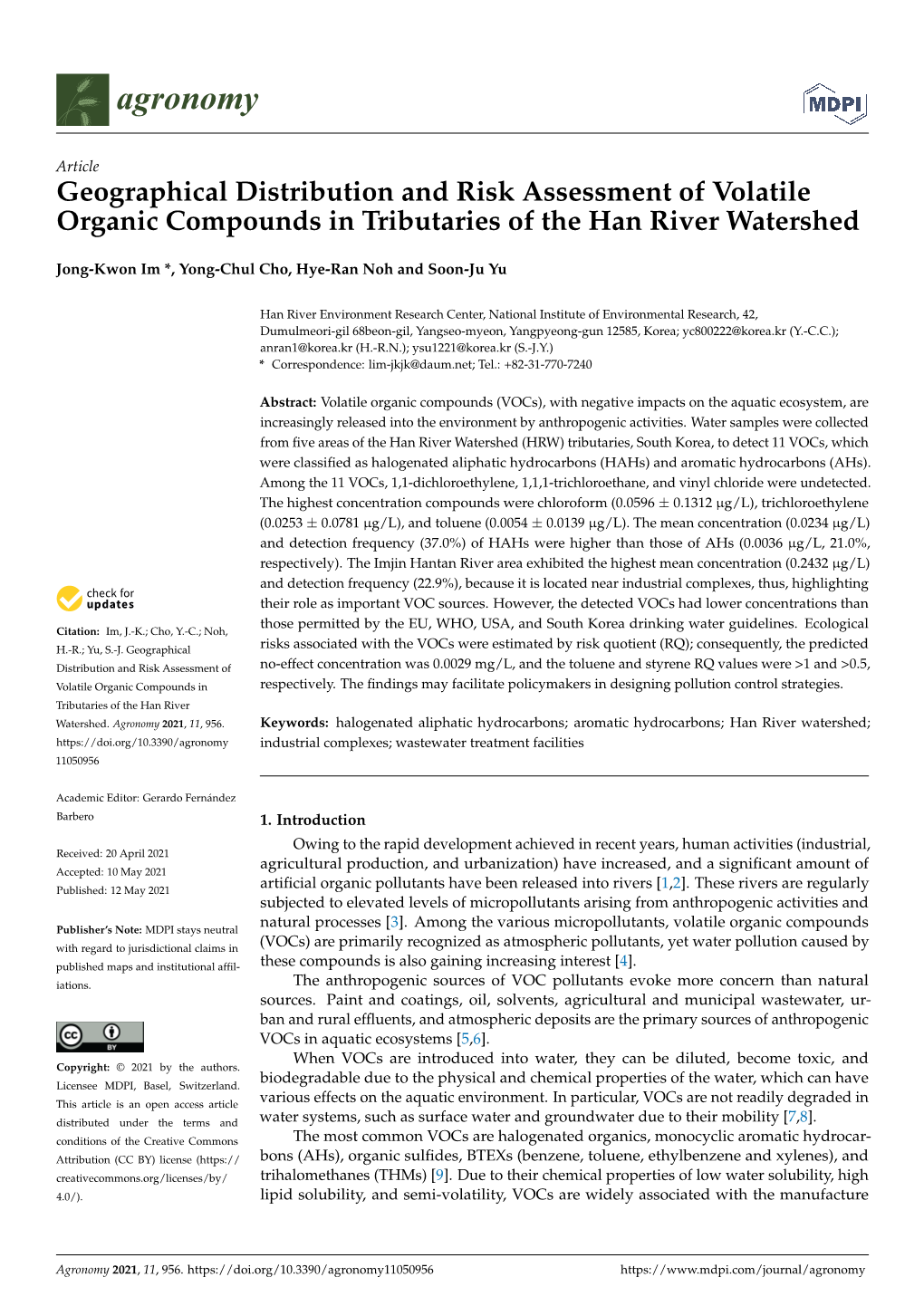 Geographical Distribution and Risk Assessment of Volatile Organic Compounds in Tributaries of the Han River Watershed