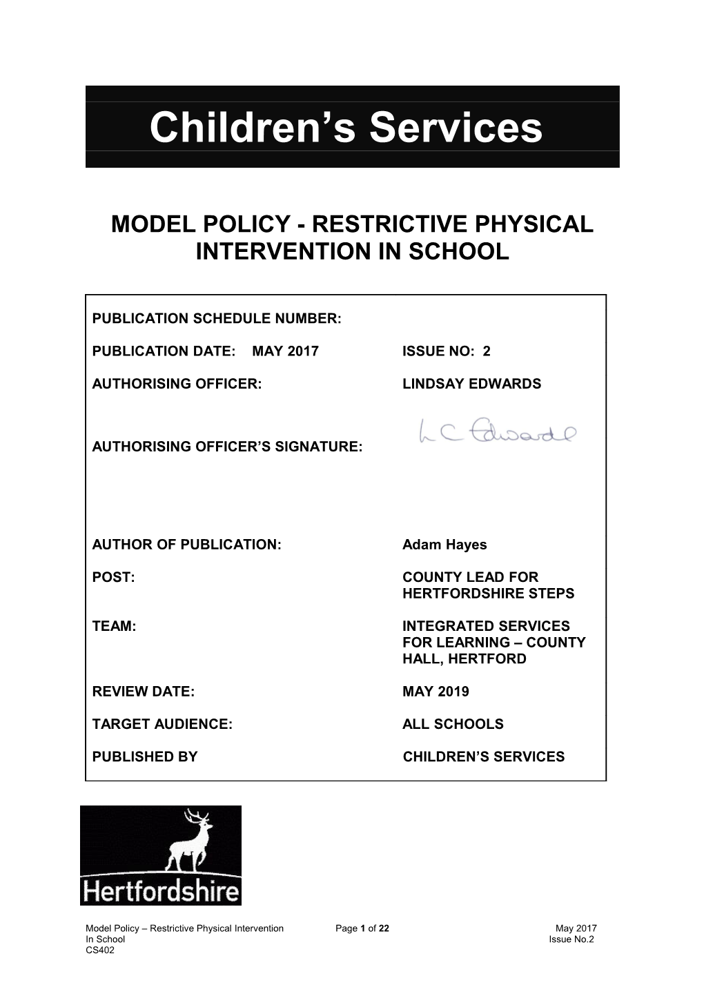 Model Restrictive Physical Intervention Policy for Schools