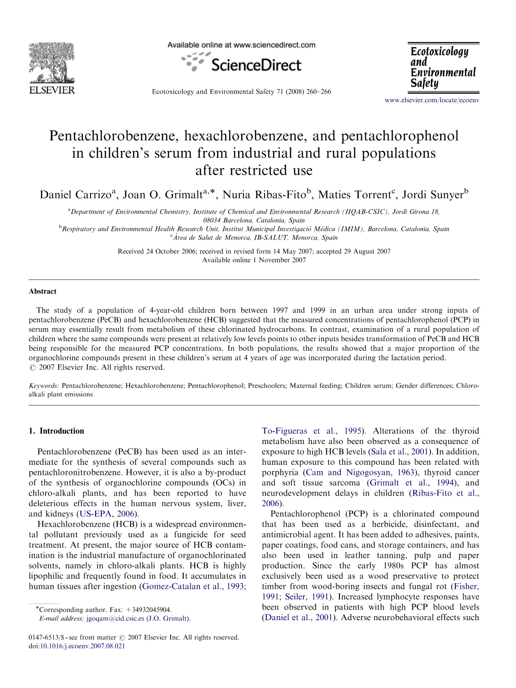 Pentachlorobenzene, Hexachlorobenzene, and Pentachlorophenol in Children's Serum from Industrial and Rural Populations After R