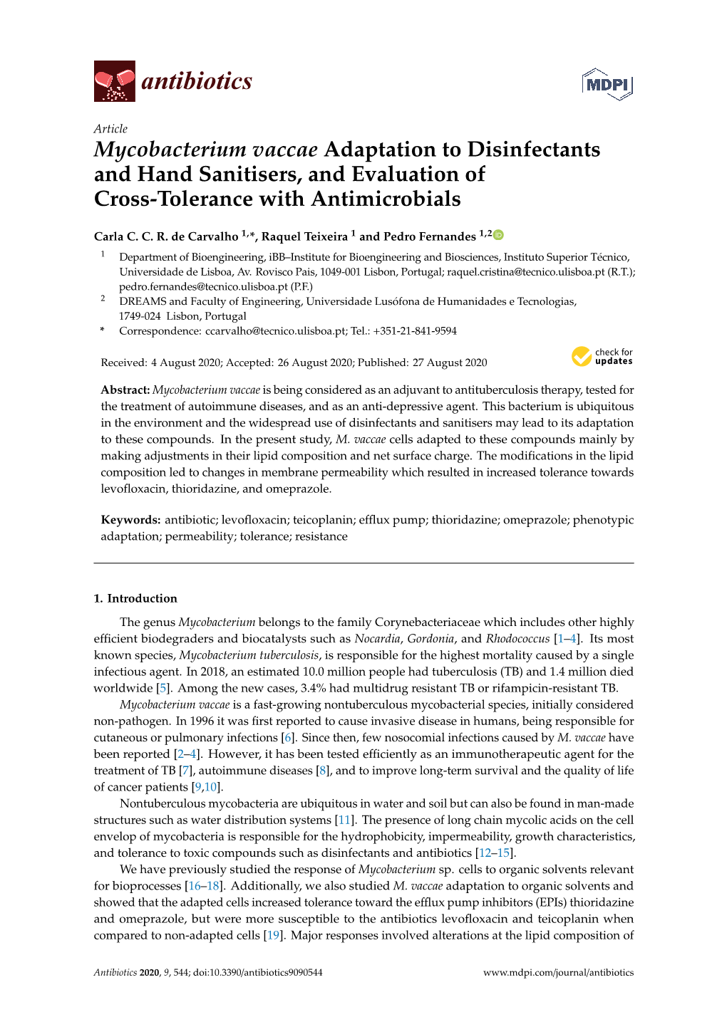 Mycobacterium Vaccae Adaptation to Disinfectants and Hand Sanitisers, and Evaluation of Cross-Tolerance with Antimicrobials