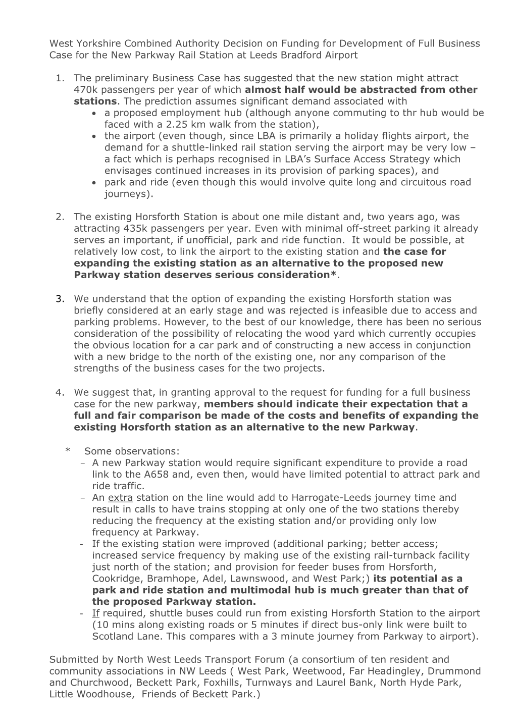 West Yorkshire Combined Authority Decision on Funding for Development of Full Business Case for the New Parkway Rail Station at Leeds Bradford Airport