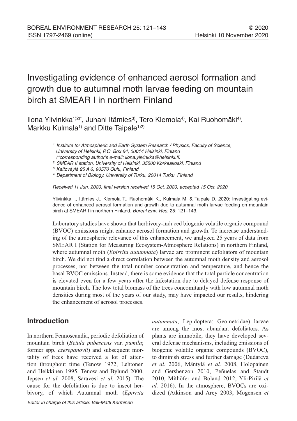 Investigating Evidence of Enhanced Aerosol Formation and Growth Due to Autumnal Moth Larvae Feeding on Mountain Birch at SMEAR I in Northern Finland