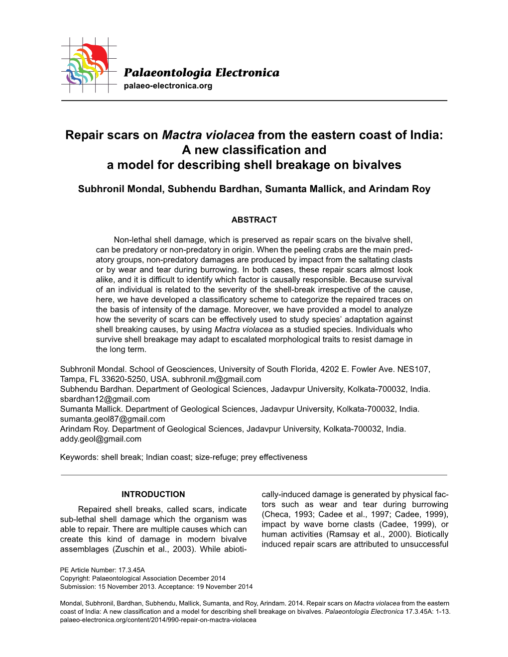 Repair Scars on Mactra Violacea from the Eastern Coast of India: a New Classification and a Model for Describing Shell Breakage on Bivalves