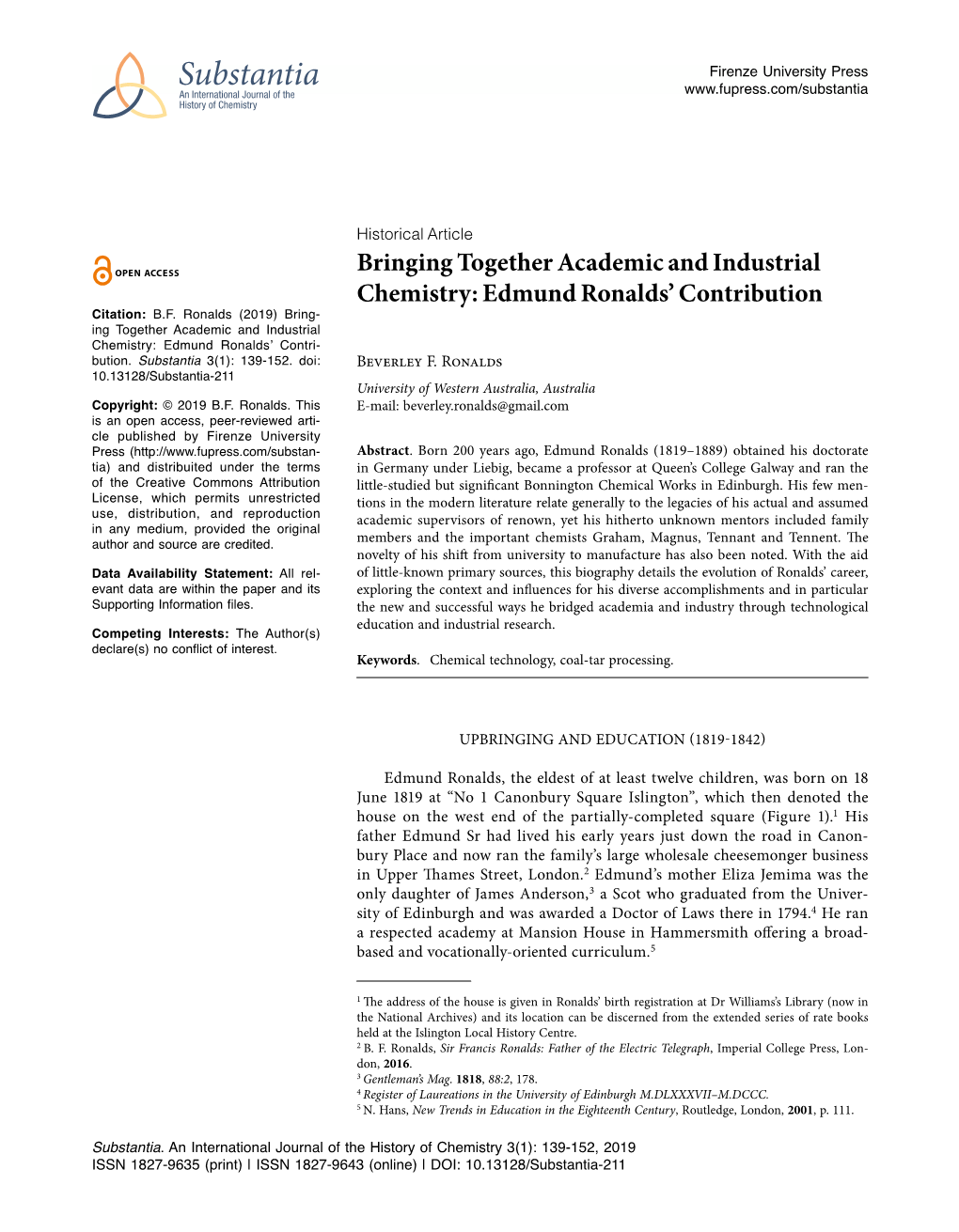 Bringing Together Academic and Industrial Chemistry: Edmund Ronalds’ Contribution Citation: B.F