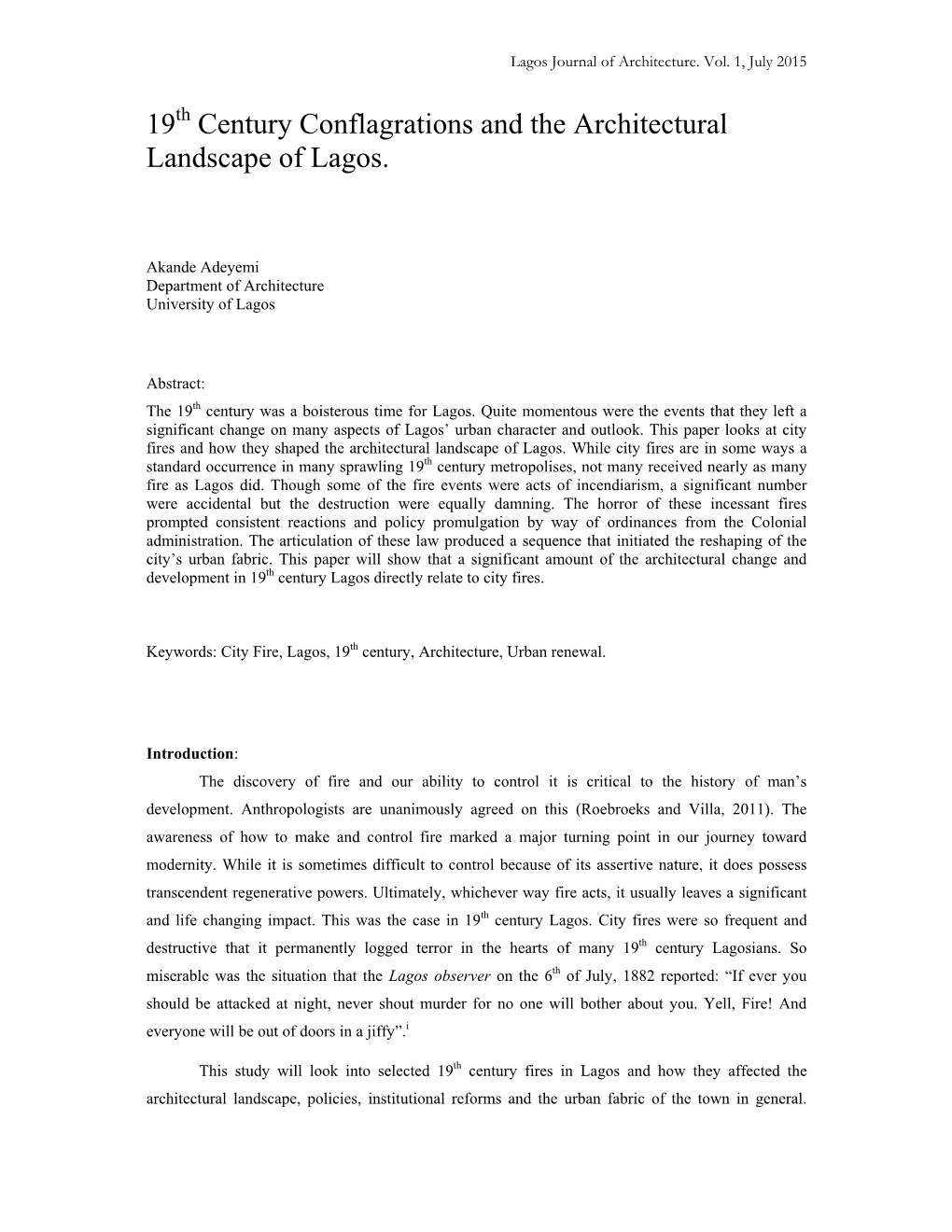 19Th Century Conflagrations and the Architectural Landscape of Lagos