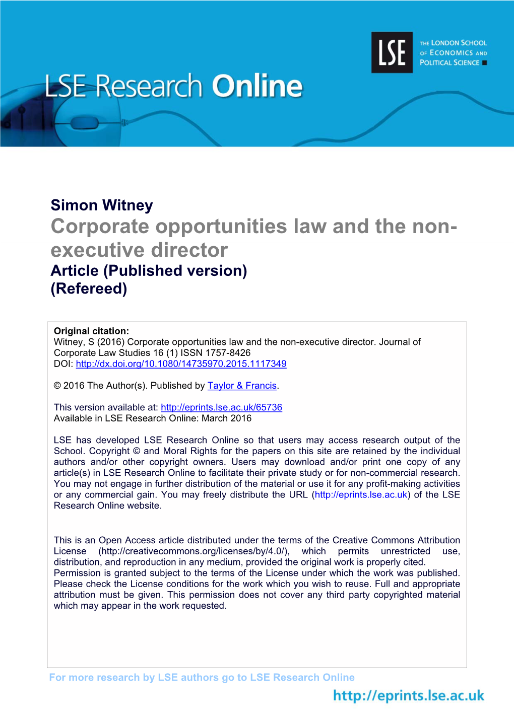 Corporate Opportunities Law and the Non- Executive Director Article (Published Version) (Refereed)