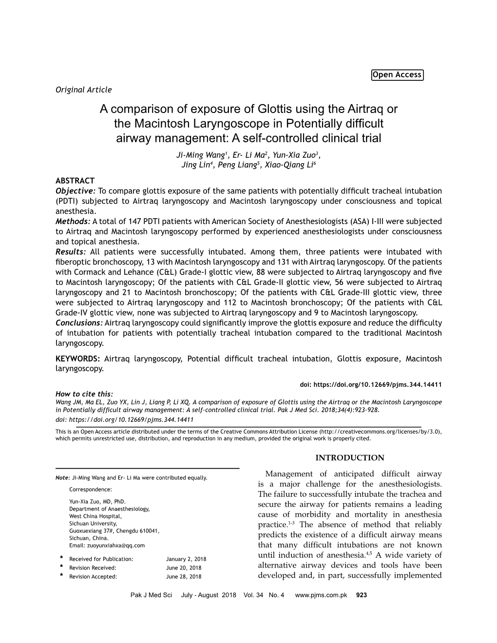 A Comparison of Exposure of Glottis Using the Airtraq Or the Macintosh