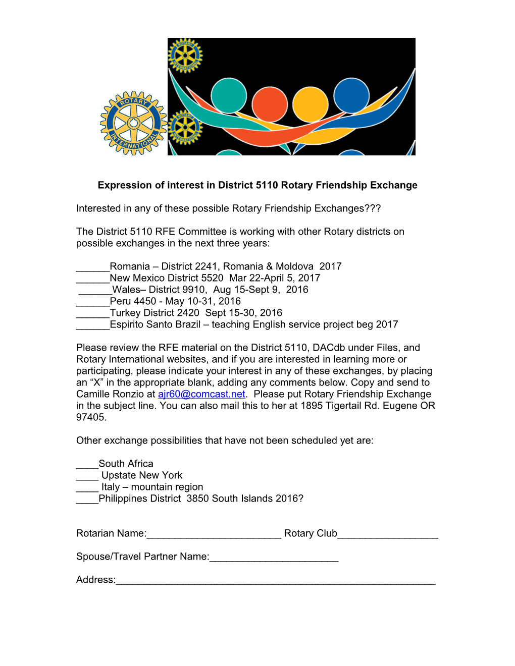 Expression of Interest in District 5110 Rotary Friendship Exchange