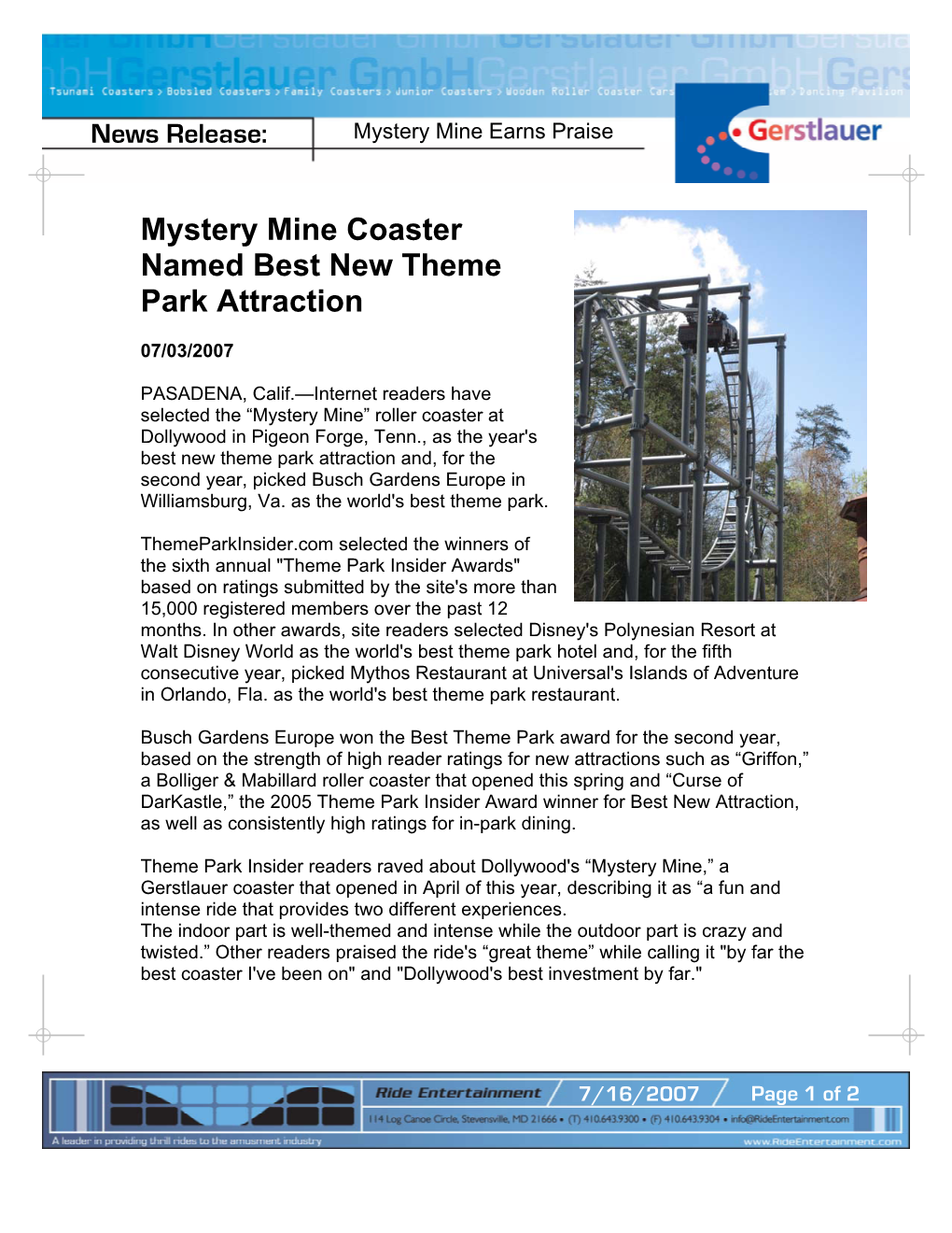 Mystery Mine Coaster Named Best New Theme Park Attraction
