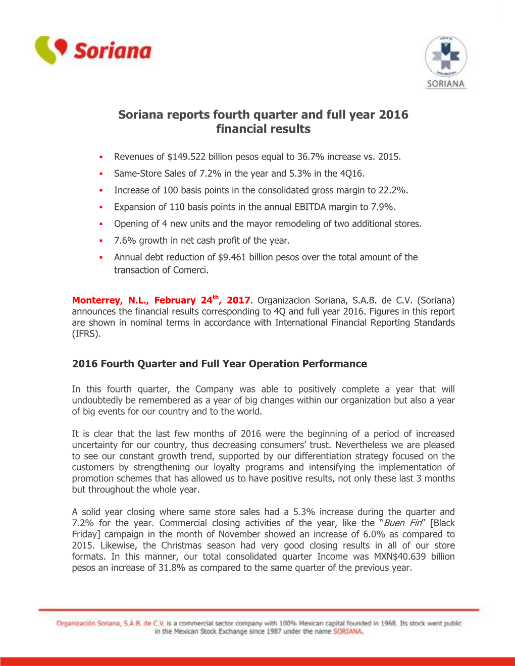 Soriana Reports Fourth Quarter and Full Year 2016 Financial Results