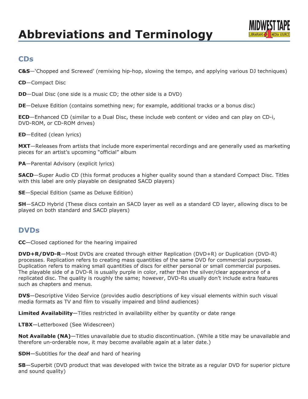 Abbreviations and Terminology