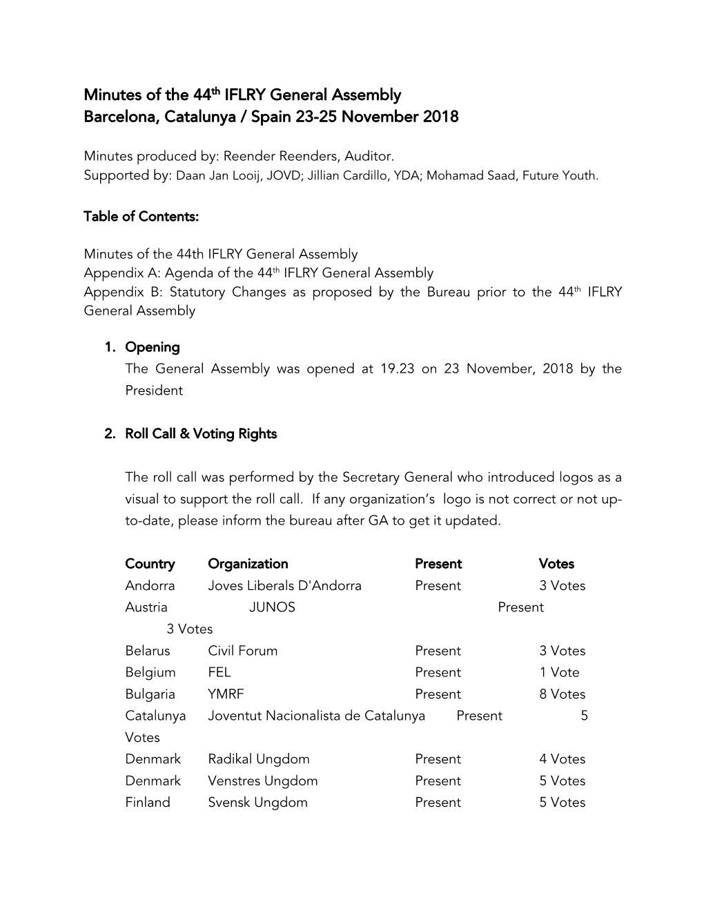 Minutes of the 44Th IFLRY General Assembly Barcelona, Catalunya / Spain 23-25 November 2018