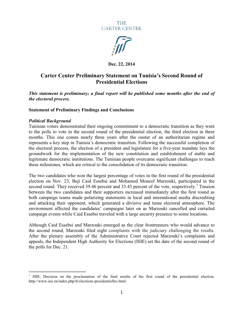 Carter Center Preliminary Statement on Tunisia's Second Round Of