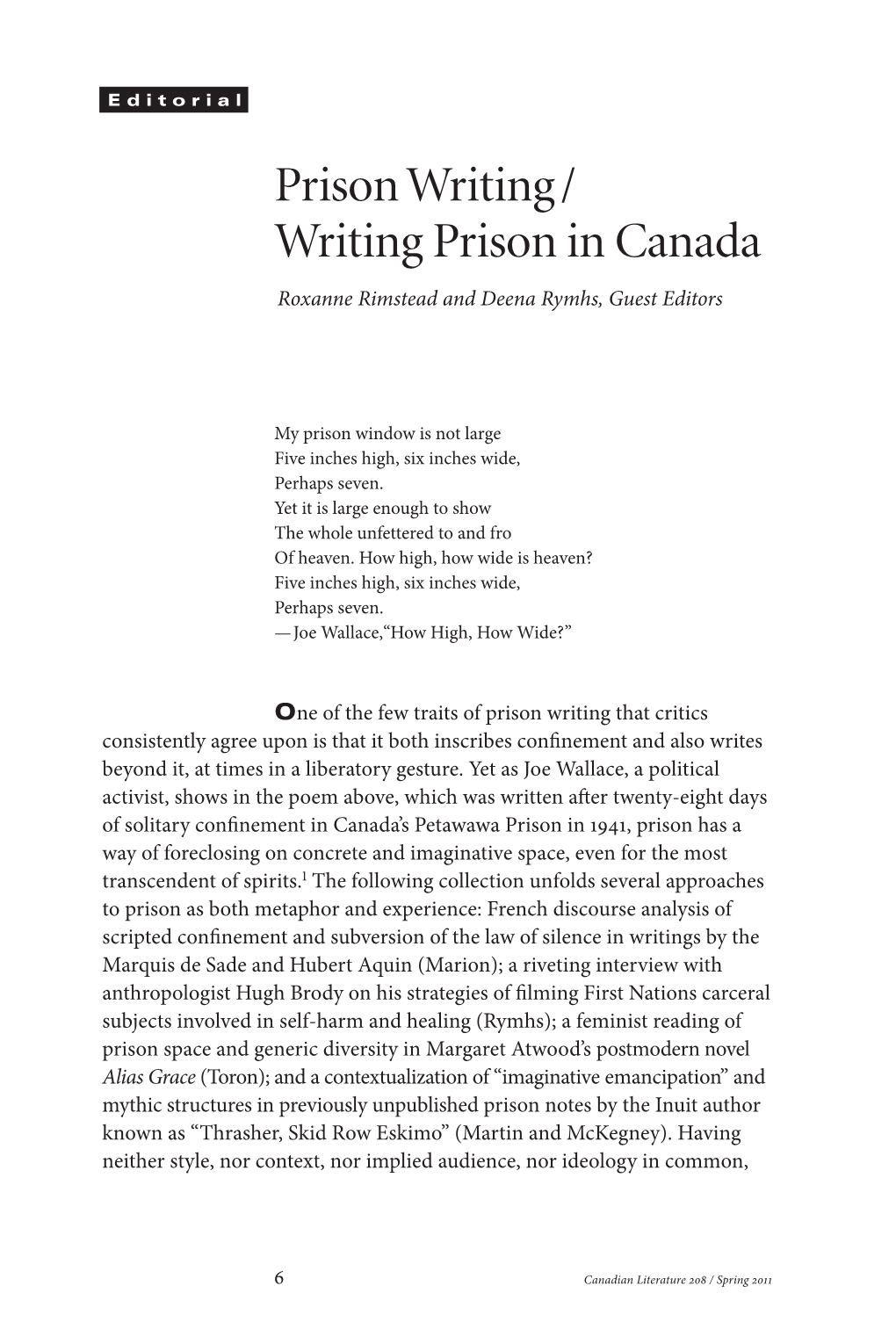 Prison Writing/ Writing Prison in Canada