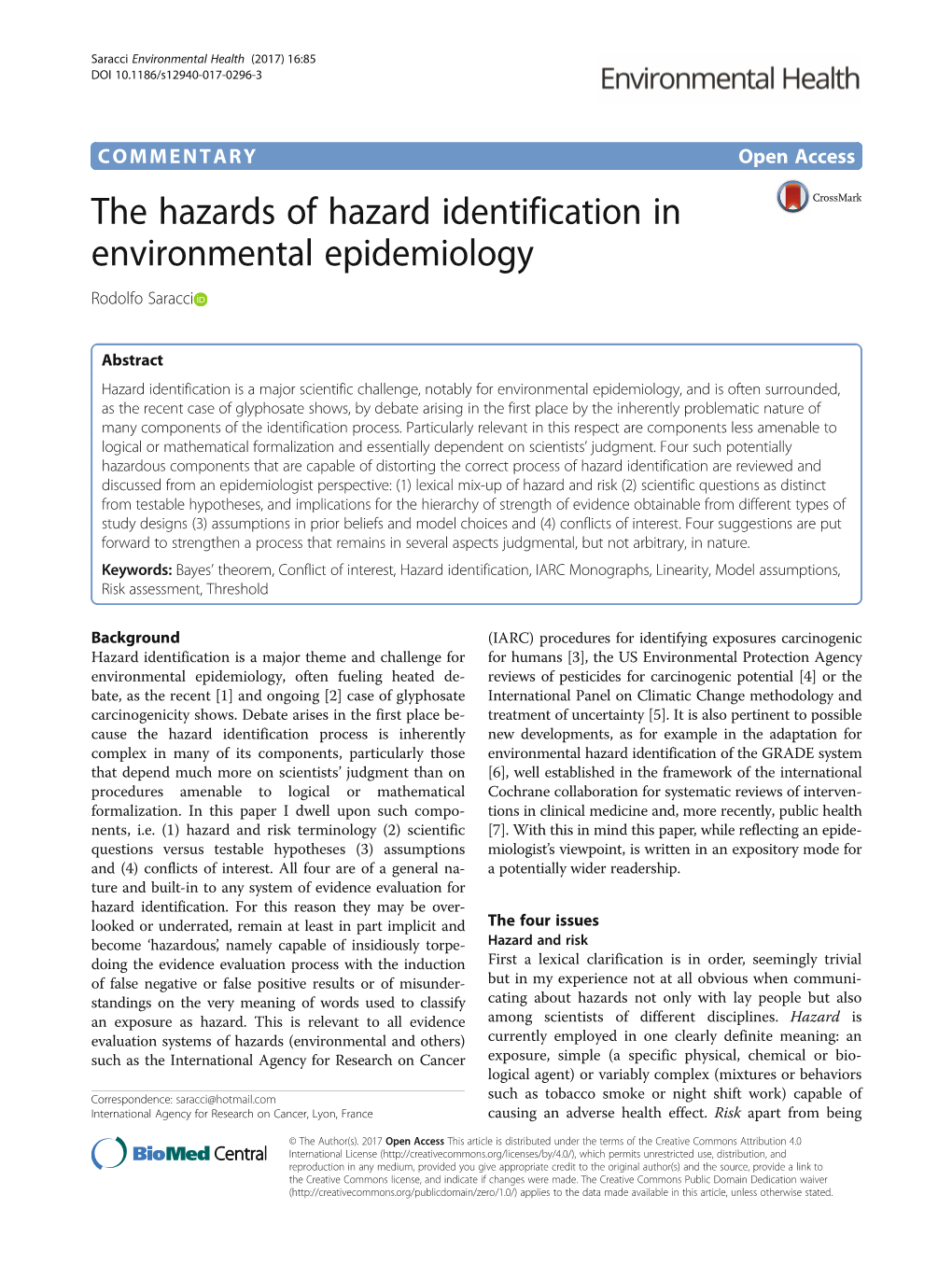 The Hazards of Hazard Identification in Environmental Epidemiology Rodolfo Saracci