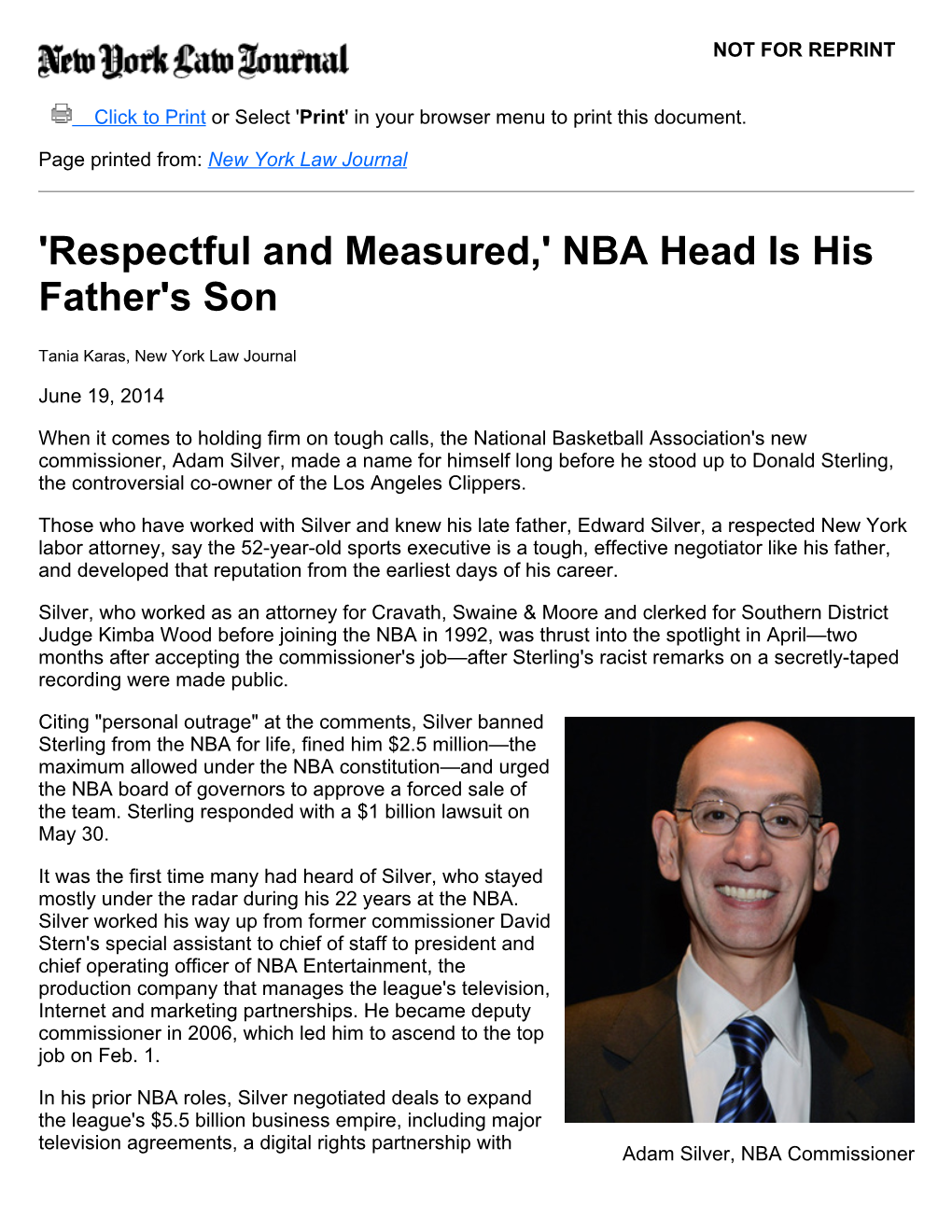 Respectful and Measured NBA Head Is His Father S Son | New York Law