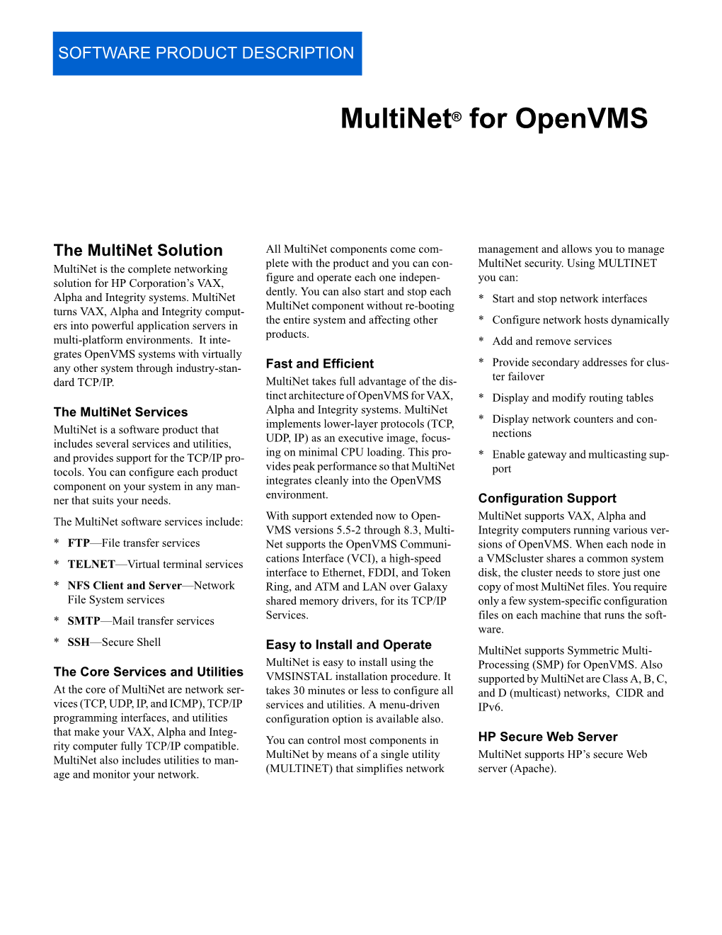 Multinet Software Product Description (PDF)