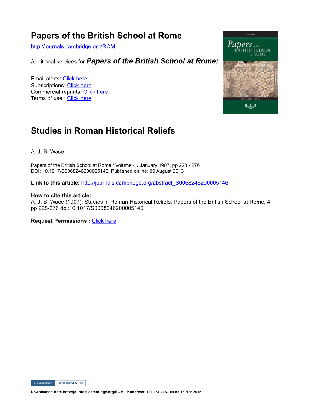 Papers of the British School at Rome Studies in Roman Historical Reliefs