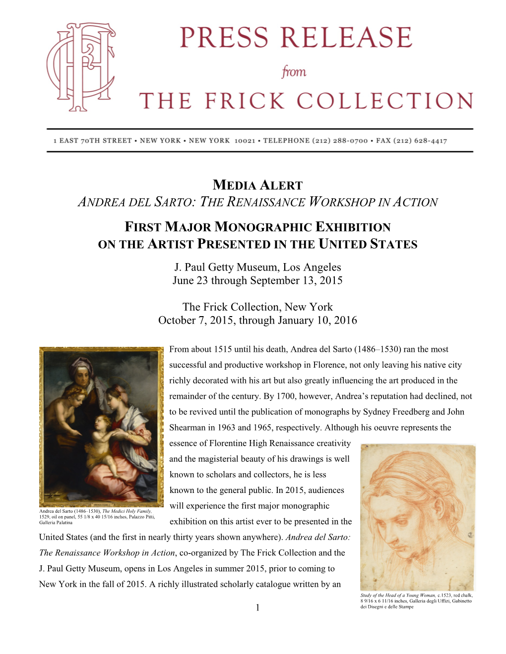 Media Alert Andrea Del Sarto: the Renaissance Workshop in Action