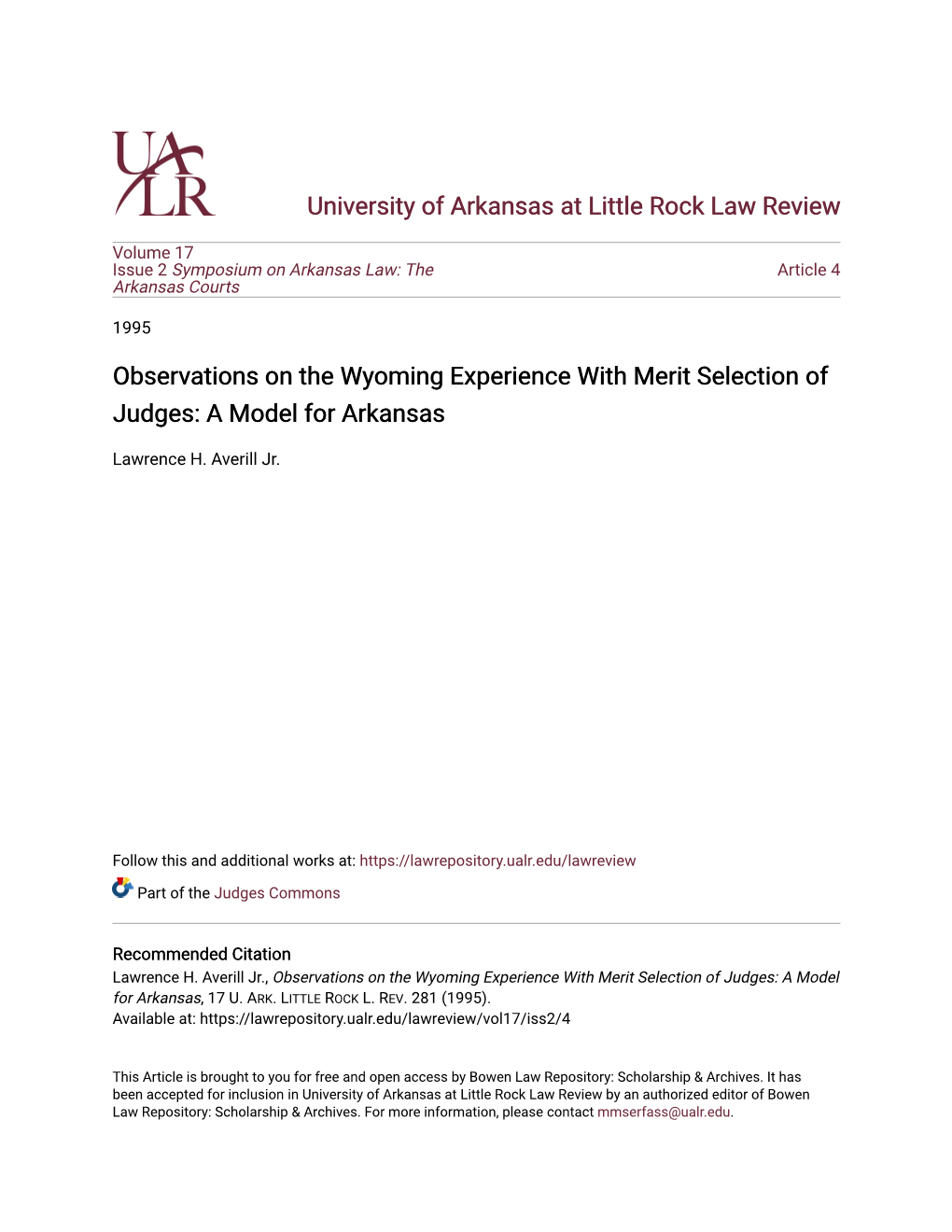 Observations on the Wyoming Experience with Merit Selection of Judges: a Model for Arkansas