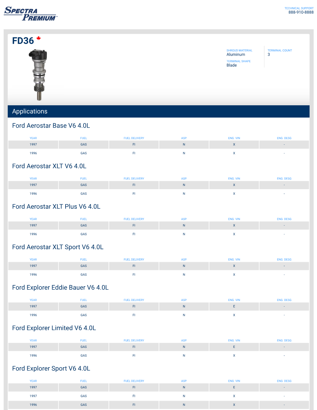 Applications Ford Aerostar Base V6 4.0L Ford