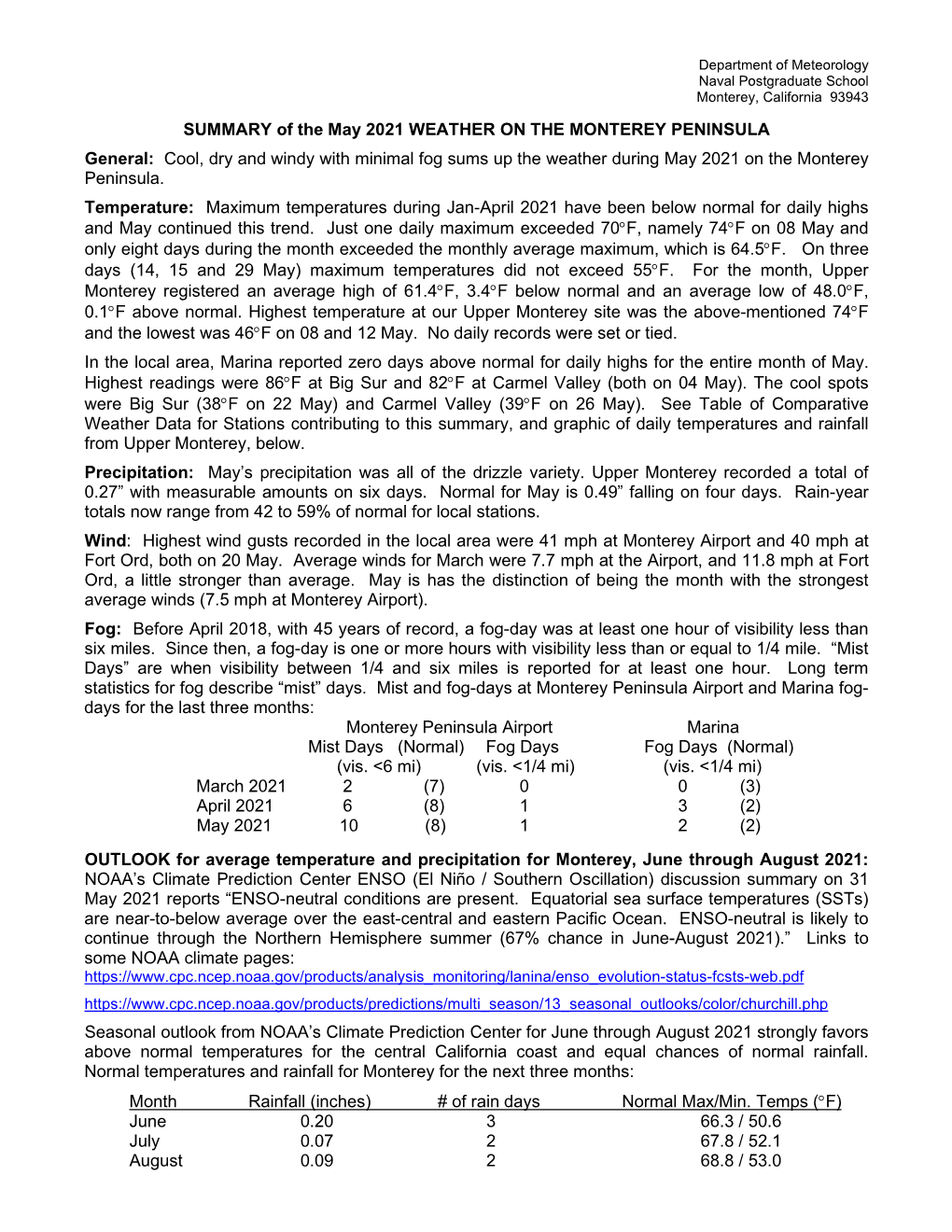 SUMMARY of the May 2021 WEATHER on the MONTEREY PENINSULA General: Cool, Dry and Windy with Minimal Fog Sums up the Weather During May 2021 on the Monterey Peninsula