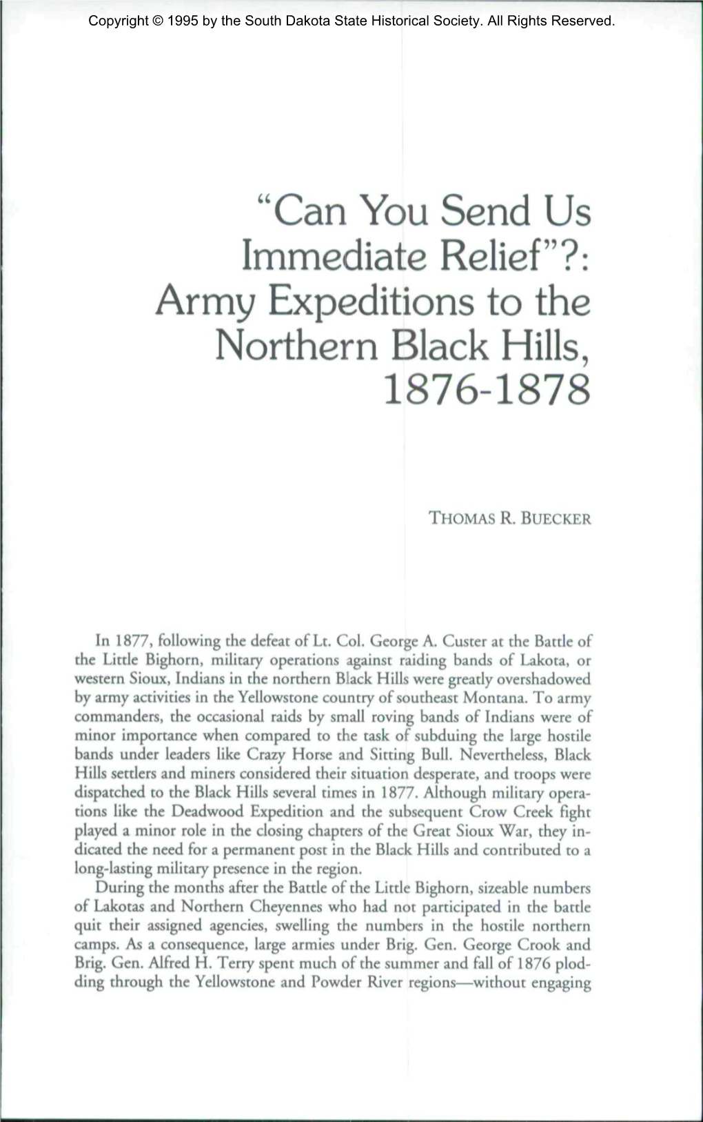 Army Expeditions to the Northern Black Hills, 1876-1878