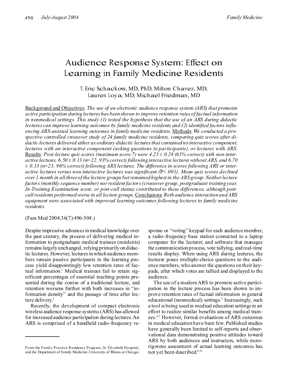 Audience Response System: Effect on Learning in Family Medicine Residents