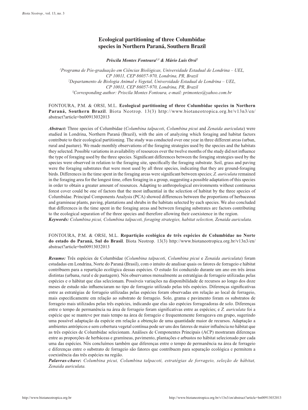 Ecological Partitioning of Three Columbidae Species in Northern Paraná, Southern Brazil