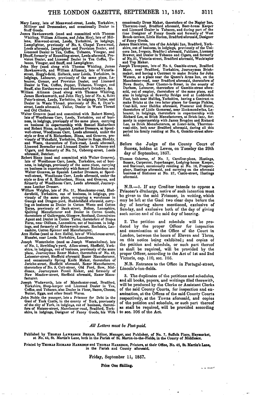 The London Gazette, September 11, 1857. 3111