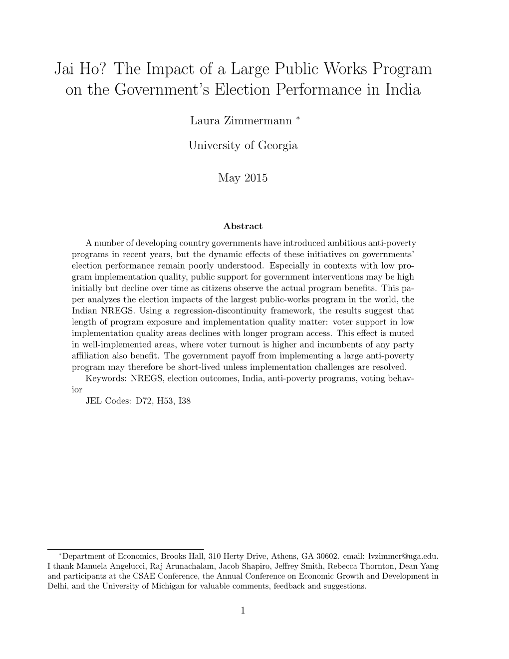 Jai Ho? the Impact of a Large Public Works Program on the Government’S Election Performance in India