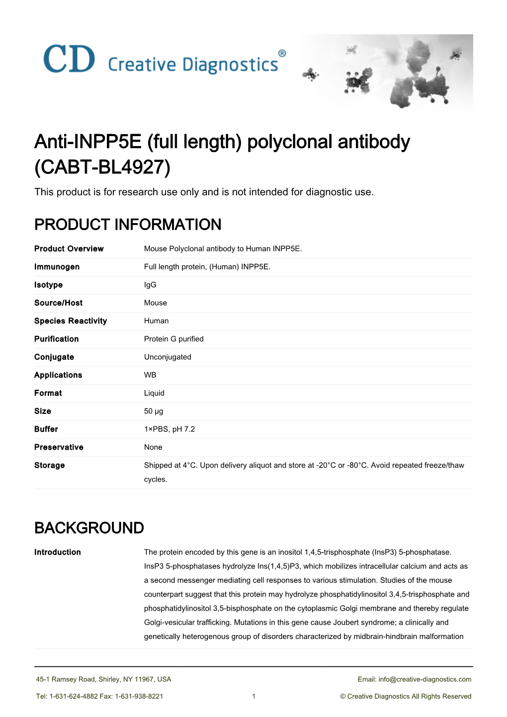 Anti-INPP5E (Full Length) Polyclonal Antibody (CABT-BL4927) This Product Is for Research Use Only and Is Not Intended for Diagnostic Use