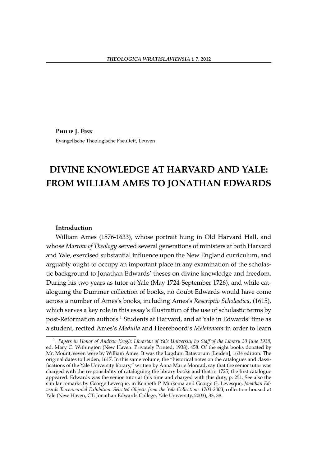 Divine Knowledge at Harvard and Yale: from William Ames to Jonathan Edwards