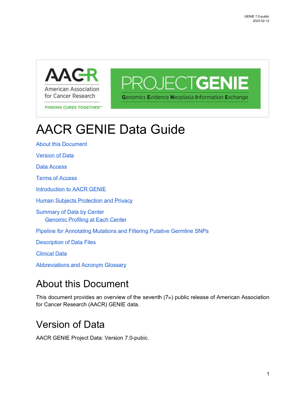 AACR GENIE Data Guide About This Document