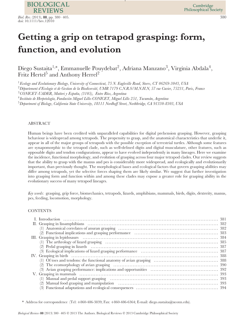 Getting a Grip on Tetrapod Grasping: Form, Function, and Evolution