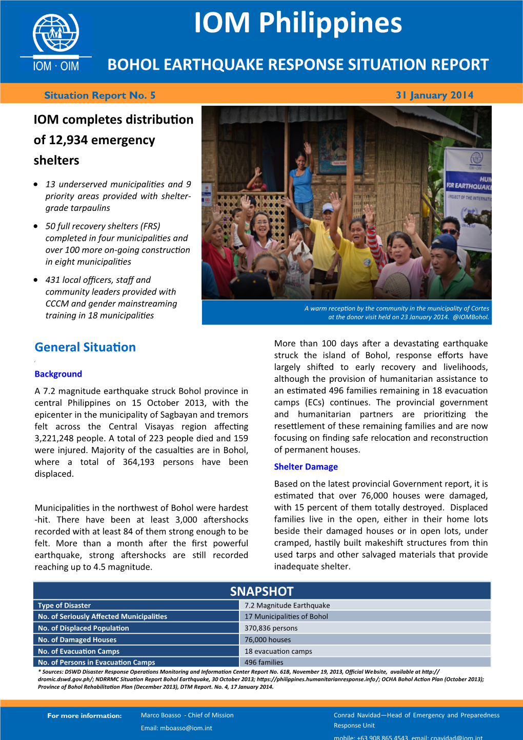 IOM Philippines Mission Bohol 31Jan2014 Situation Report