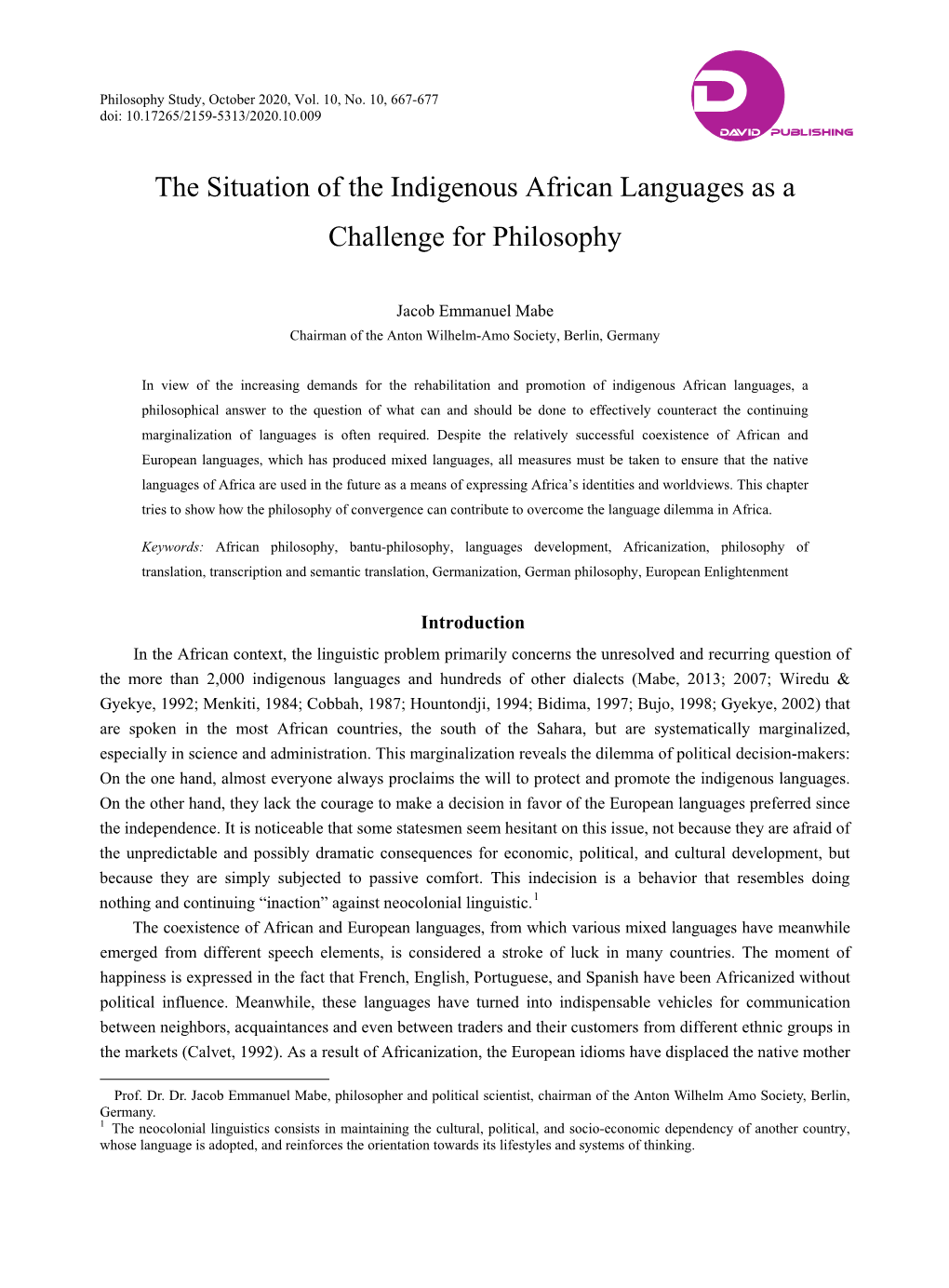 The Situation of the Indigenous African Languages As a Challenge for Philosophy