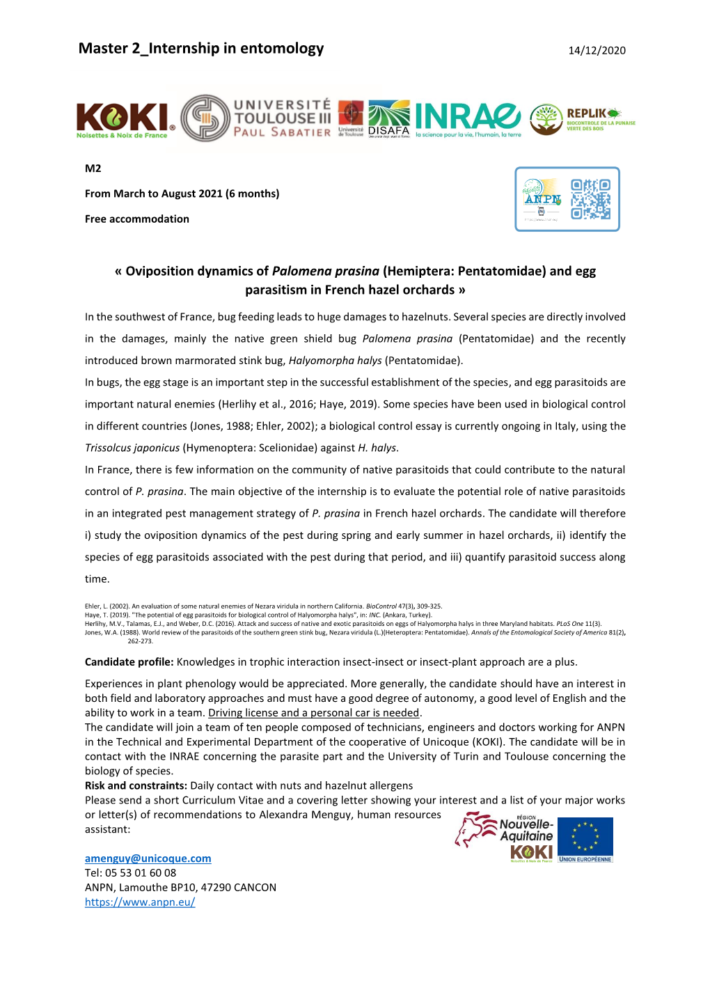 Master 2 Internship in Entomology 14/12/2020