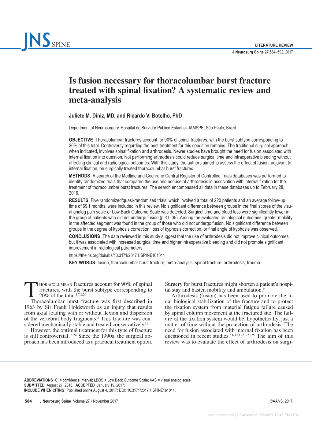 Is Fusion Necessary for Thoracolumbar Burst Fracture Treated with Spinal Fixation? a Systematic Review and Meta-Analysis