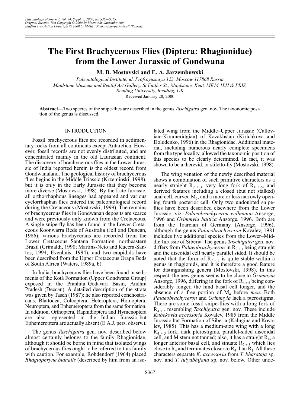 The First Brachycerous Flies (Diptera: Rhagionidae) from the Lower Jurassic of Gondwana M