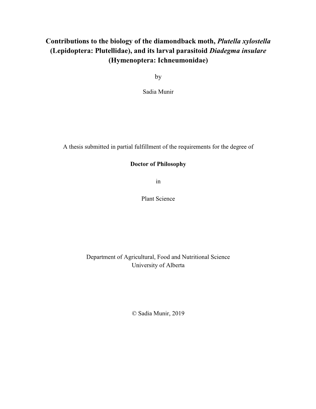 Contributions to the Biology of the Diamondback Moth, Plutella