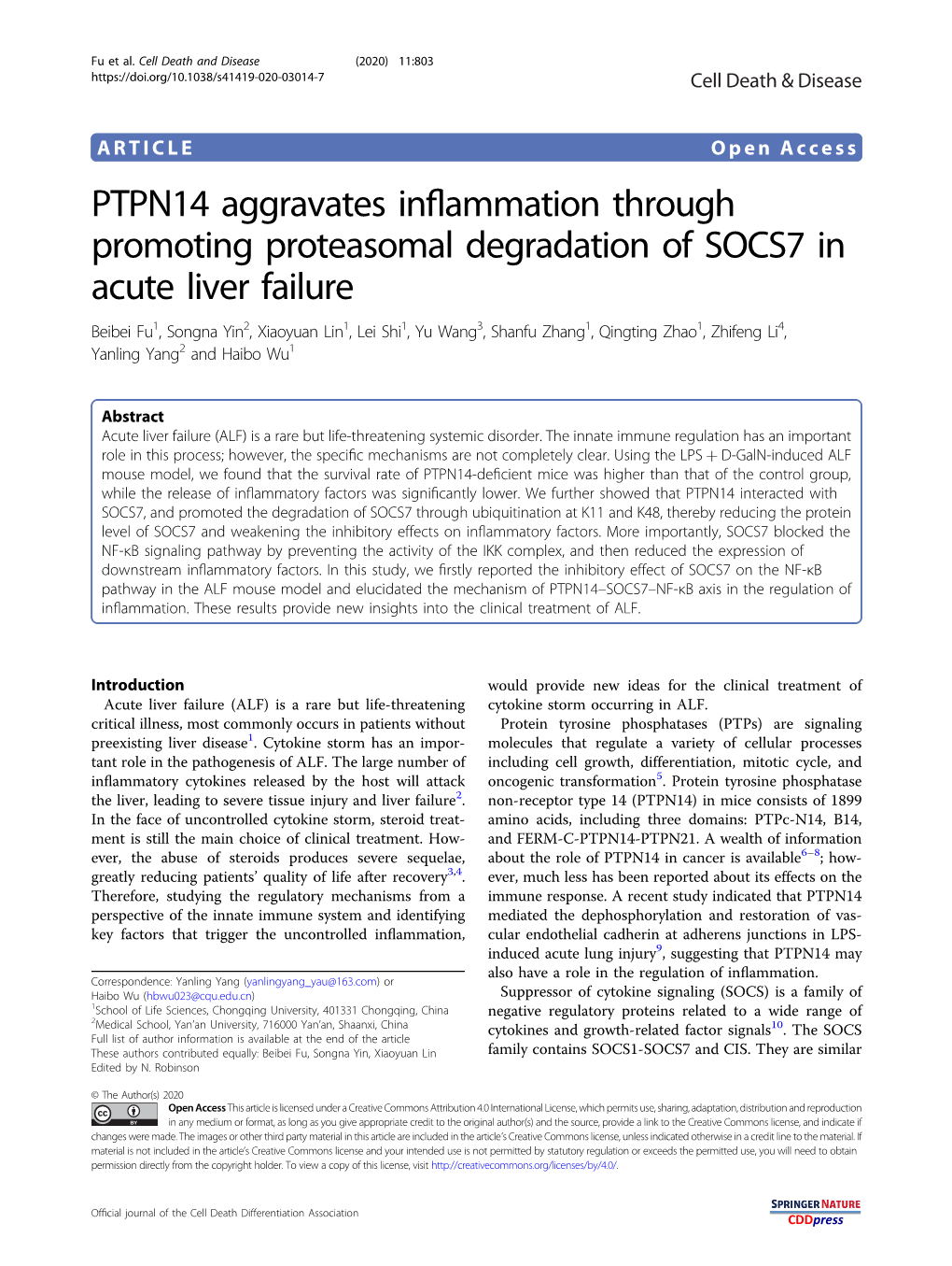 PTPN14 Aggravates Inflammation Through Promoting Proteasomal Degradation of SOCS7 in Acute Liver Failure