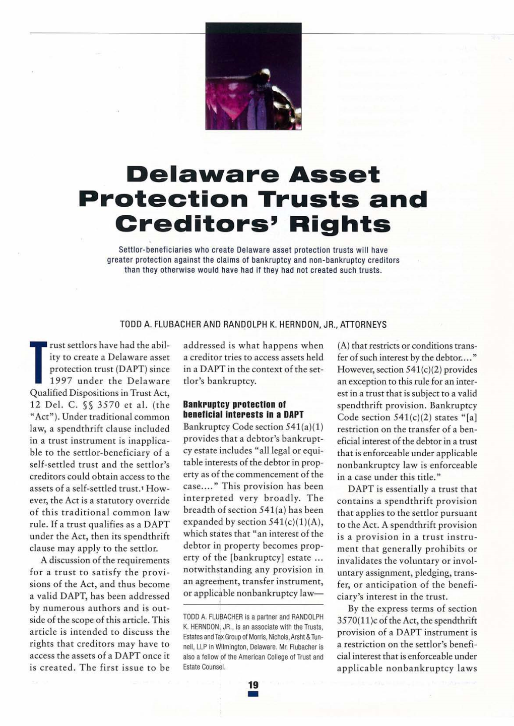 Delaware Asset Protection Trusts and Creditors' Rights