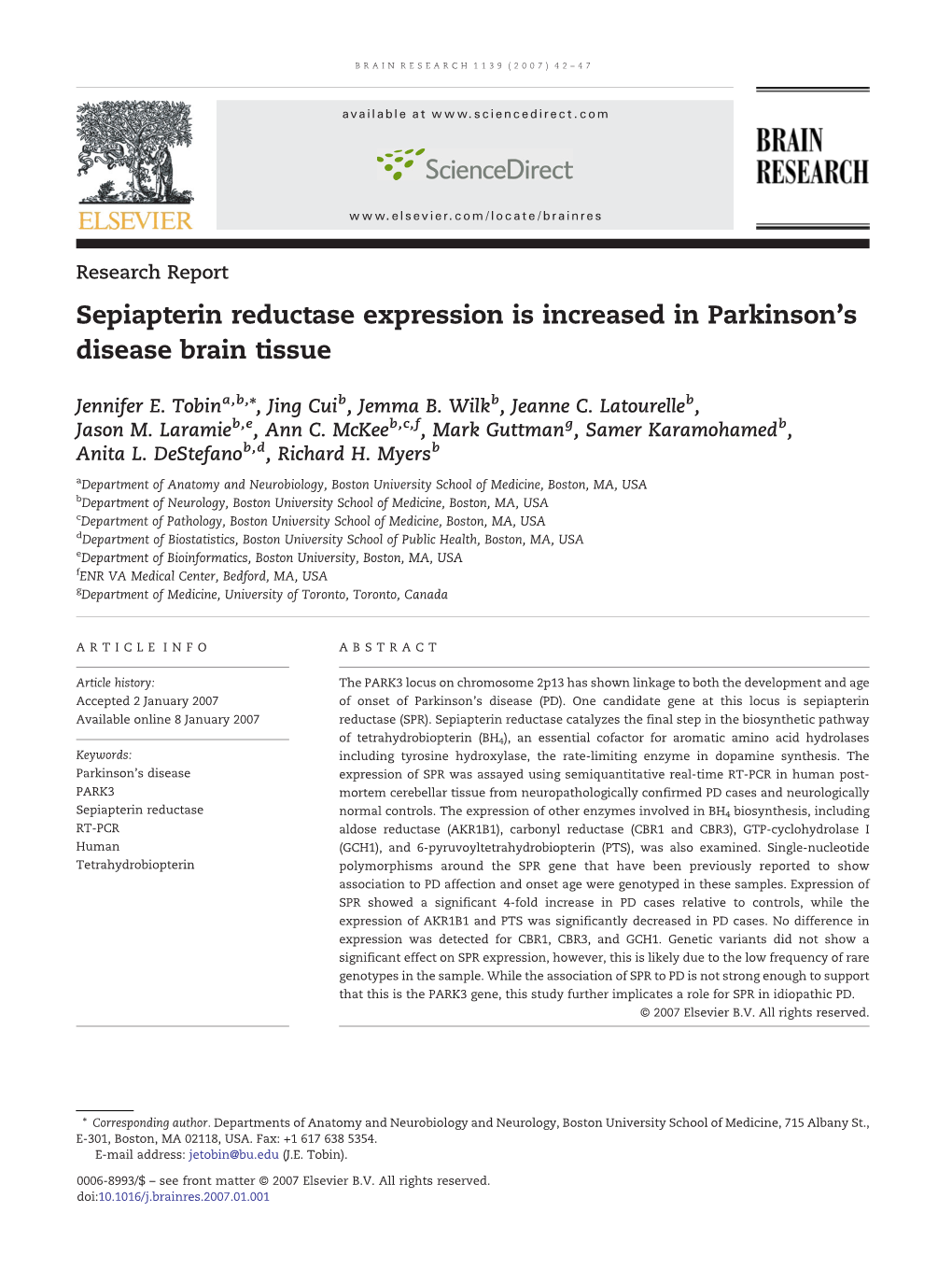 Sepiapterin Reductase Expression Is Increased in Parkinson's Disease Brain Tissue
