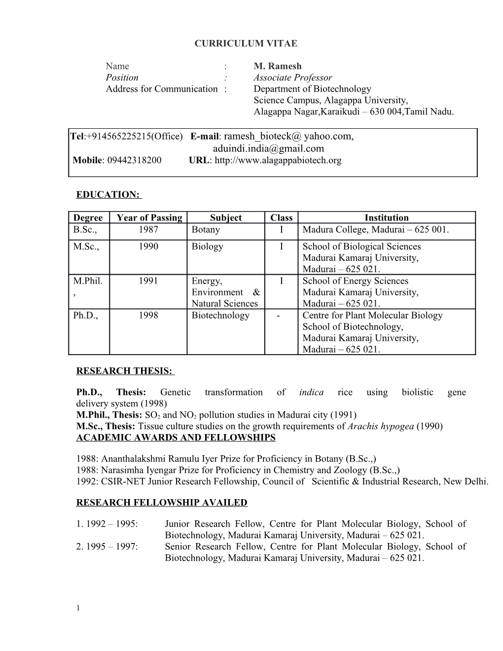 Address for Communication : Department of Biotechnology