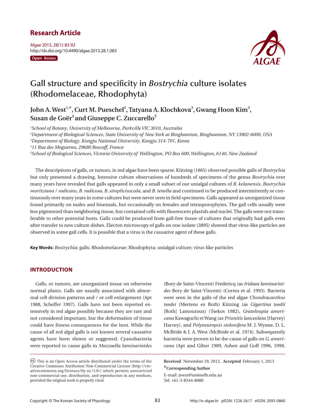 Gall Structure and Specificity in Bostrychia Culture Isolates (Rhodomelaceae, Rhodophyta)