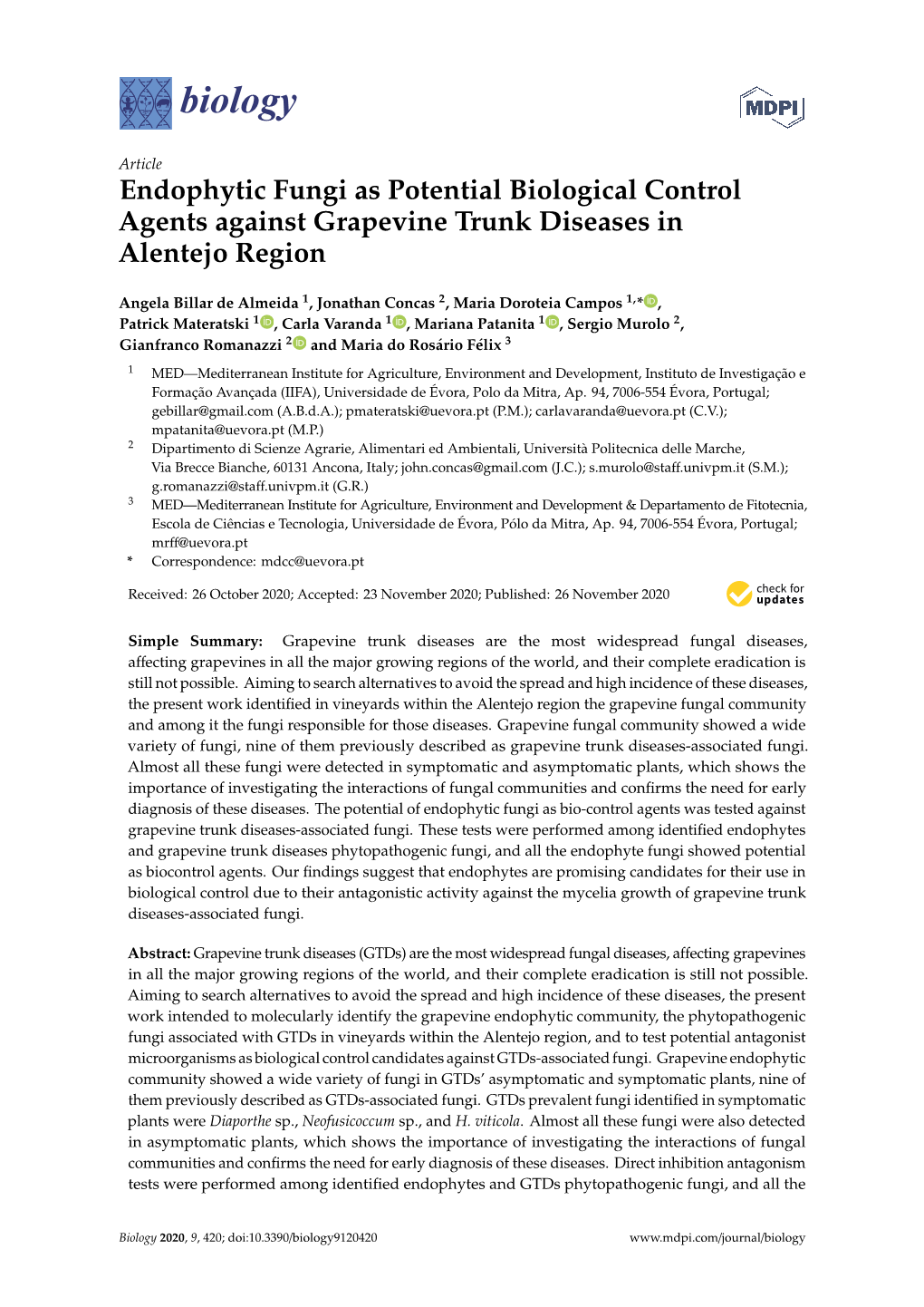 Endophytic Fungi As Potential Biological Control Agents Against Grapevine Trunk Diseases in Alentejo Region