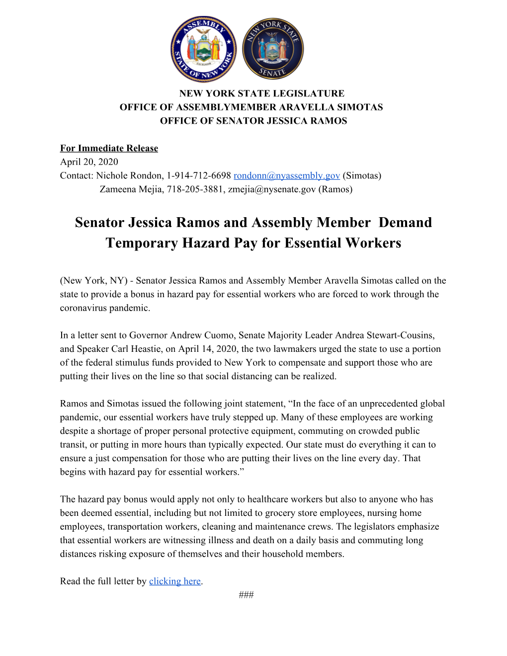 Senator Jessica Ramos and Assembly Member Demand Temporary Hazard Pay for Essential Workers