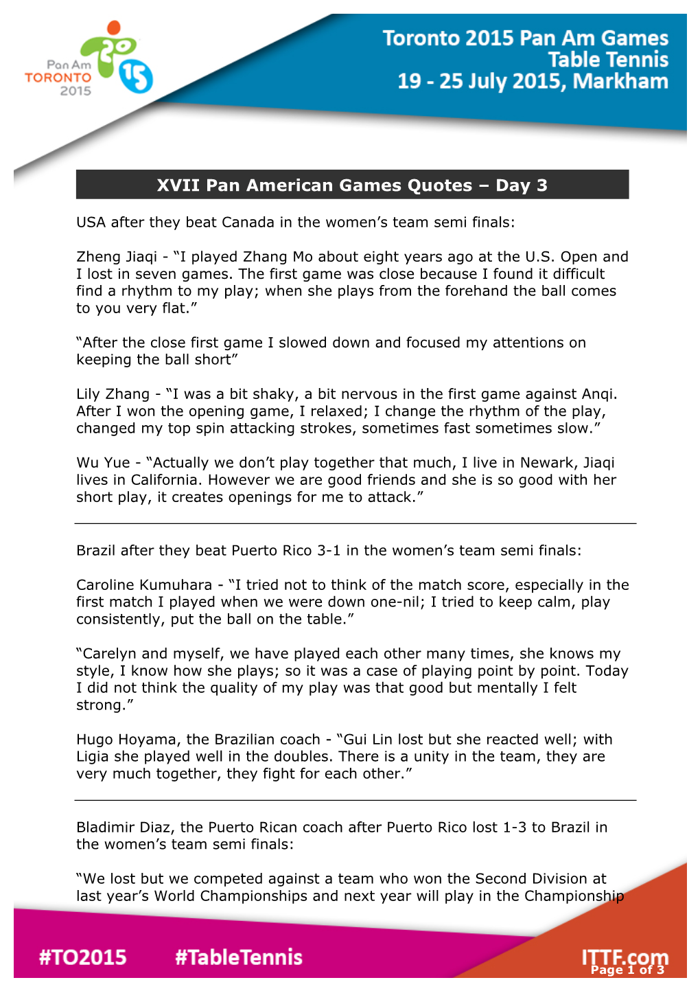 XVII Pan American Games Quotes – Day 3