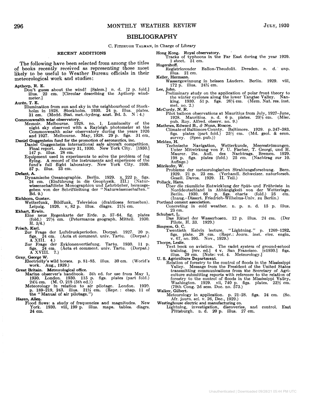 296 Bibliography July, 1930